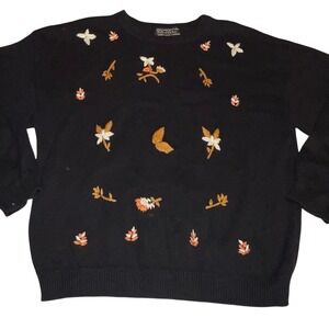 Vintage Maurada Women's Black Embroidered Fall Leaves Thanksgiving Grandma XL